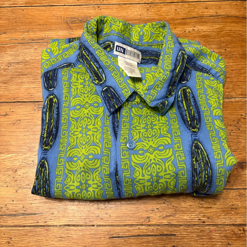 VTG Label Untied-Blue & Lime Hawaiian Island Surfboard Pattern Shirt L